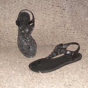 COACH-Thong JELLY SANDAL Tea Rose T-STRAP Flat-BLACK /GLITTER-SZ 7-Near Mint